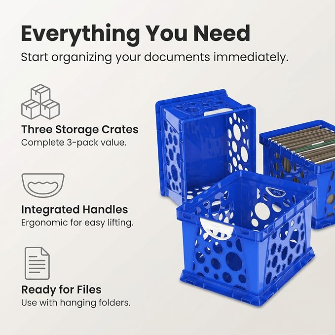Storex Premium File Crate with Molded Handles – Letter & Legal Document Storage, Stackable, Heavy Duty Plastic, Classroom Blue, 3-Pack
