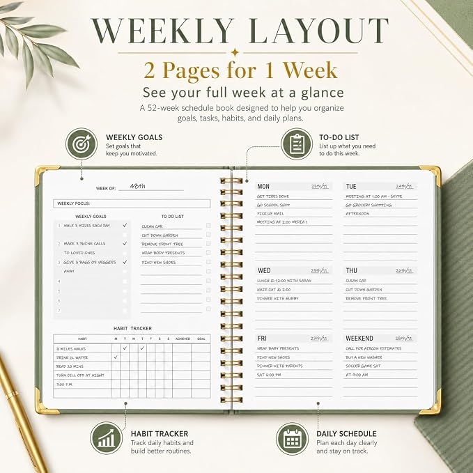 Undated Hardcover Weekly Planner with Metal Corner, 6 x 8 Inch Productivity Organizer Journal with To Do List, Habit Tracker,Weekly Goals & Organize Pocket for ADHD,School, Office, Home ,Gifts, Spiral Bindding ,Green