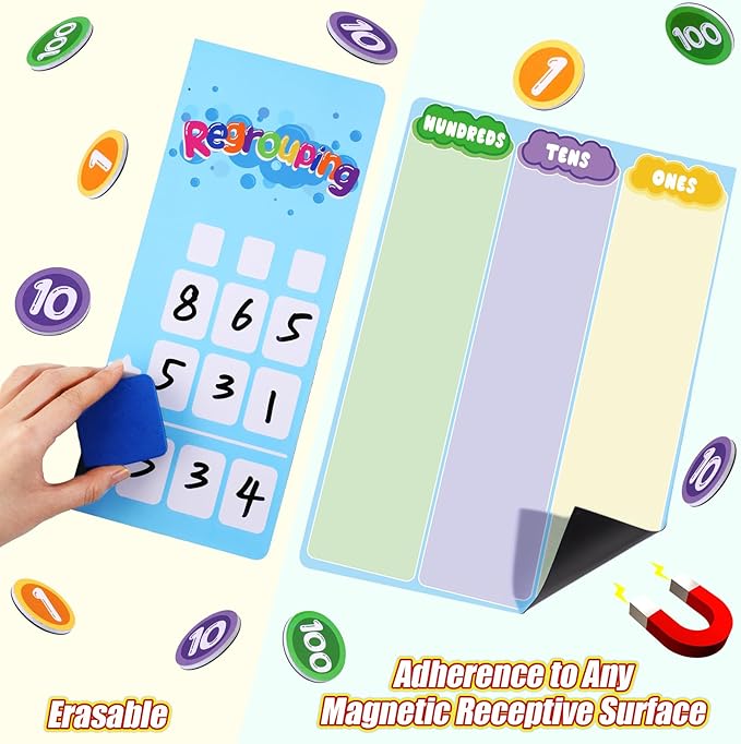 240 Pcs Magnetic Place Value Chart Kit, Math Place Value Manipulatives Regrouping Base Ten Blocks Dry Erase Board for 1st 2nd 3rd Grade Student Classroom Must Haves