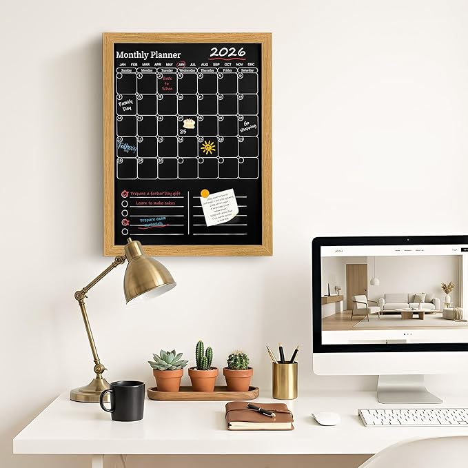 Magnetic Chalkboard Calendar for Wall – 17x13 Monthly Dry Erase Planner with Natural Wood Frame, 2-in-1 Vertical Memo & to-Do Board
