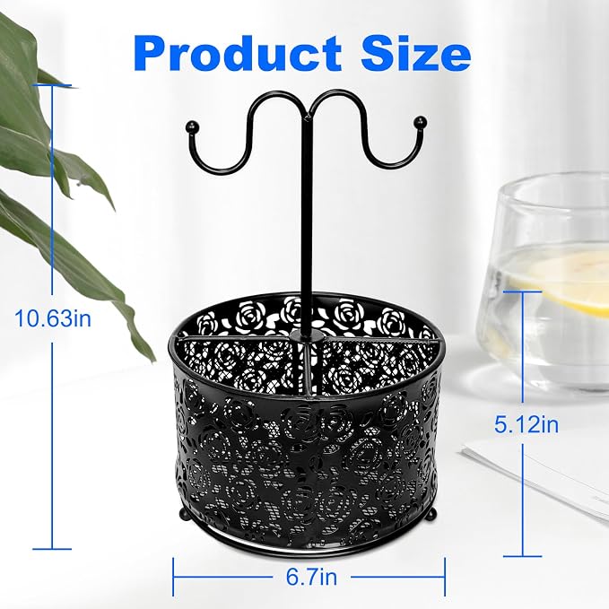 360 Degree Rotate Pen Holder for Desk Mesh Desk Pen Organizer Pencil Holder Large Capacity Accessories & Workspace Organizers for School,Home (Black rose lace pattern, With hook)