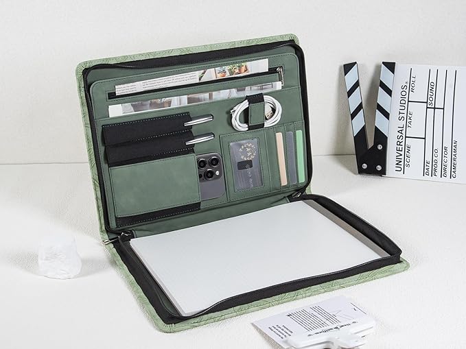 AZXCG Leather Portfolio with Zipper, Embossed PU Leather Padfolio Folio, Professional Business Document Organizer with A4 Letter Sized Writing Pad Holder(Green, Custom)