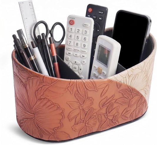 Two Leaves Shaped Leather Art Supply Organizer,Remote Control Holder,Multi-Functional Pencil Holder,3 Compartments Desktop Stationary Organizer(1-Brown)