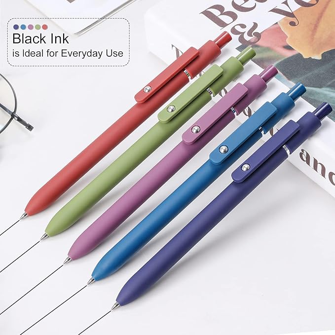 FIOVER High-End Vintage Gel Pens, 5-Pack 0.5mm Fine Point Black Ink Pens with Soft Grip & Metal Clip, Smooth Writing Retractable Pens for Journaling, Office, Note Taking(Retro color)