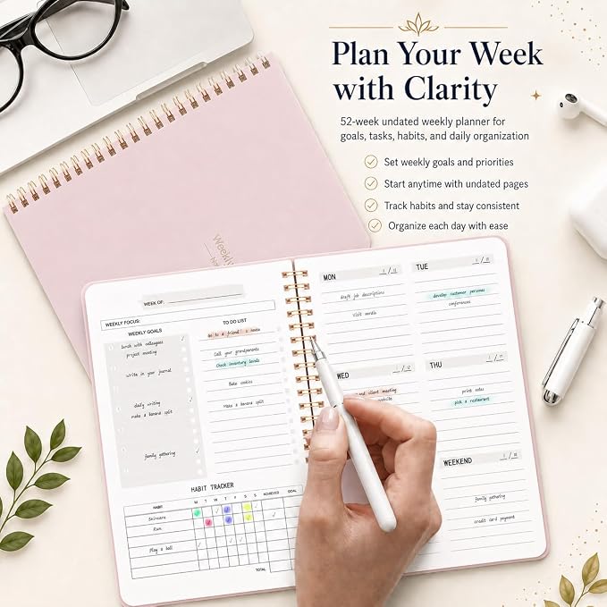 Undated Weekly Planner Notebook, 52-Week To-Do List Organizer with Weekly Goals, Habit Tracker and Priority Planner, Spiral Bound 5.7" x 8" Planner for Women and Men