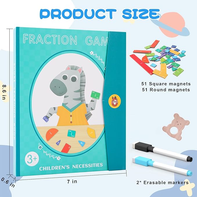 Magnetic Fraction Educational Puzzle, 102 Pcs Magnetic Fraction Puzzle for Kids, Magnetic Fraction Tiles & Fraction Circles, Fractions Manipulatives Learning Games for Elementary School