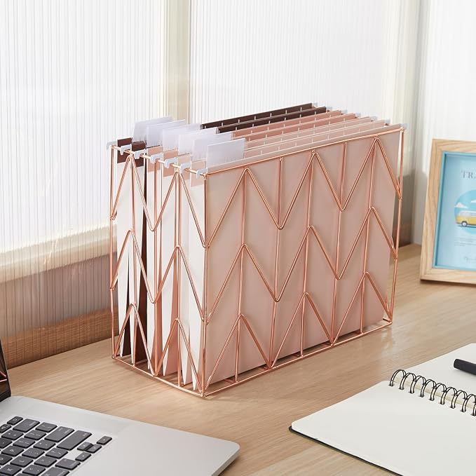 Y YOMA Hanging File Organizer, Letter Size Rose Gold Metal Desk File Crate Storage Basket for Home Office, 1 Pack, with Coco Mocha Standard + Extra Capacity Hanging Folder Set