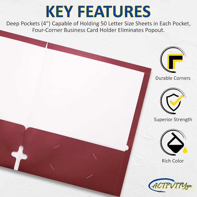 10 Pack Two Pocket Folders, Burgundy, Strong Thick Paper Folders, for Letter Size, by ACTIVITYya