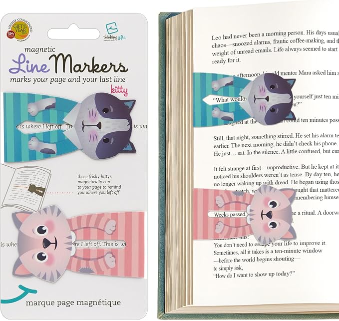 Gifts for Readers & Writers Linemarker Bookmark, 2 Pack Magnetic Bookmarks, Includes Line Finder Slit for Easy Line Tracking, Small & Cute Stationery, Book Page Holder, Reading Accessories, Cats