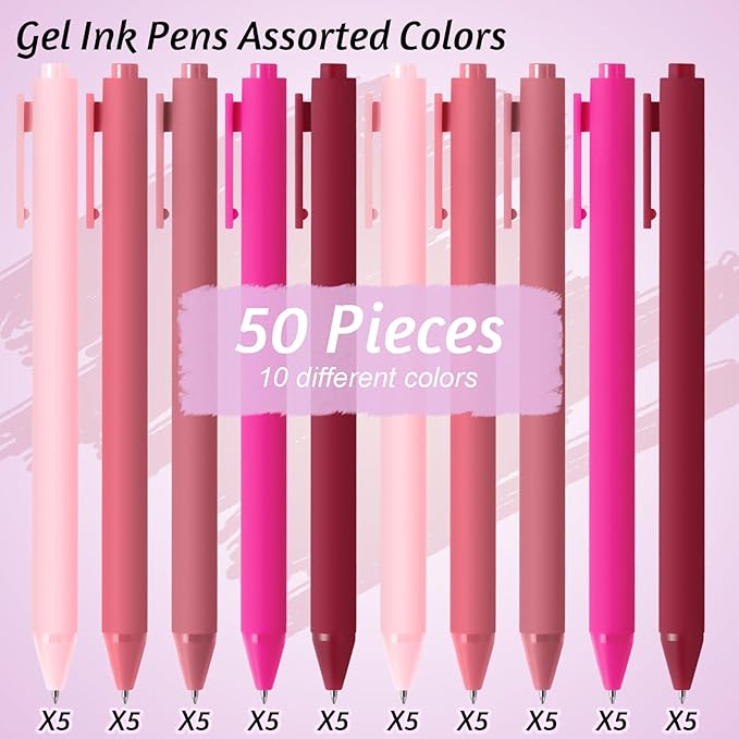 Crtiin 50 Pcs Gel Pens Bulk, 0.5mm Fine Point Black Ink Pens, Retractable Smooth Writing Quick Dry, Colored Aesthetic for School Office Journaling Teacher Appreciation Mother Day (Pink Series)