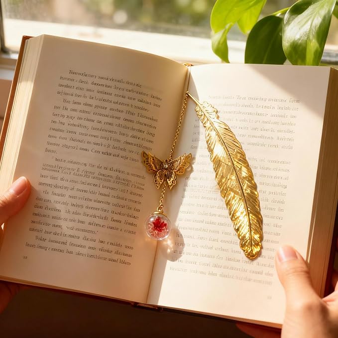 Teacher Retirement Gifts - Metal Feather Bookmark with 3D Butterfly & Real Dried Flower Pendant - Bookmark for Women & Book Lovers Under 10 Dollars - Gift Box Included