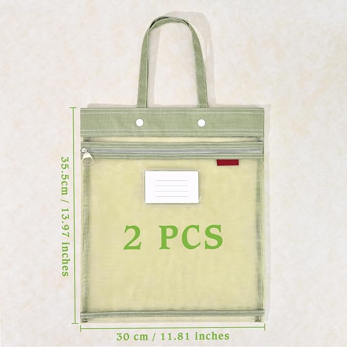 2-Pack Mesh Zipper Pouch Bags with Handles, Double-Layer Nylon Document Bag with Label Pocket, File Storage Pouches for Office Supplies School Travel (Green)