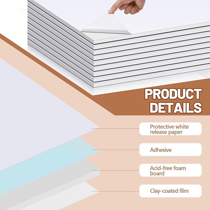 Pushglossy 25 Sheets 22 x 28 x 3/16" Self Adhesive Foam Board White Self-Adhesive Tack Foam Boards Large Free Mounting Poster for Crafts Presentation Vision Board Signboard and Party Decorations