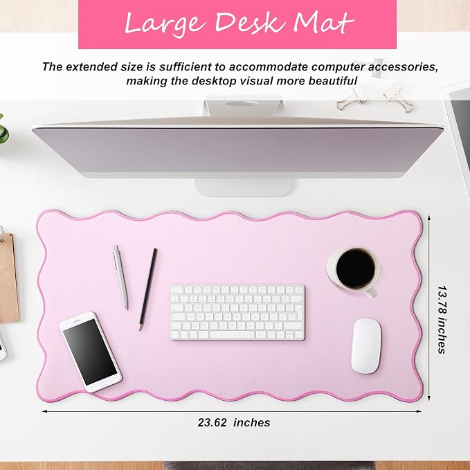Hahafelt Scalloped Desk Mat Large Desk Pad Cute Coquette Table Mat Back to School Preppy Table Make up Pad Nonslip Graduation Gift with Stitching Waterproof Gaming(Pink,23.6 x 13.8 Inches)