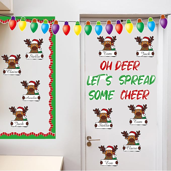 Fuutreo 68 Pcs Winter Elk Bulletin Board Set Winter Reindeer Classroom Decoration Winter Holiday Light Bulb Paper Cutouts Winter Elk Name Tags with Boarders for Wall Party School Decor Supplies