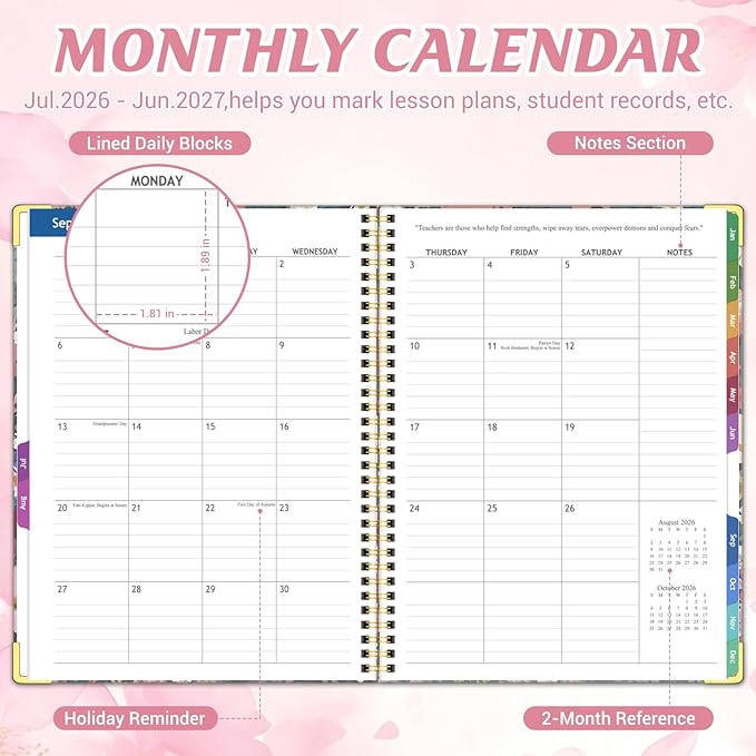 Teacher Planner 2026-2027 Academic Year, Jul.2026 - Jun.2027, 8.5" x 11" Lesson Planner Book for Teachers, Teacher Planners with Colorful Monthly Tabs for Homeschool & Classroom Organization - Flower Clusters