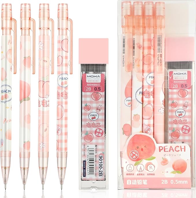 Mabor Pink Mechanical Pencils Set, 4pcs Cute Mechanical Pencils with A Tube of 0.5MM Pencil Refills & Top Erasers Aesthetic School Supplies Back to School Gift