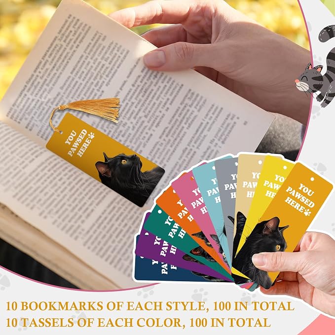 100 Pcs Black Cat Bookmarks with Tassels, Paper Bookmarks Bulk for Cat Mom Lovers Booklovers Back School First Day of School Gift Valentine's Day Classroom Reward for Women Teen Girl