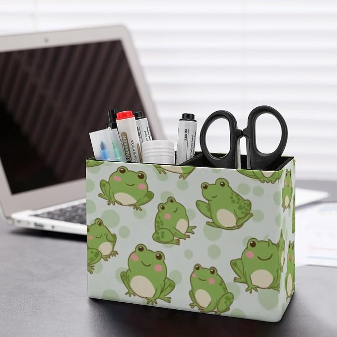 Desk Organizer Pen Holder Cute Frog, Square Multi-Functional Pencil Container for Decoration Home and Office, PU Leather Pen Container
