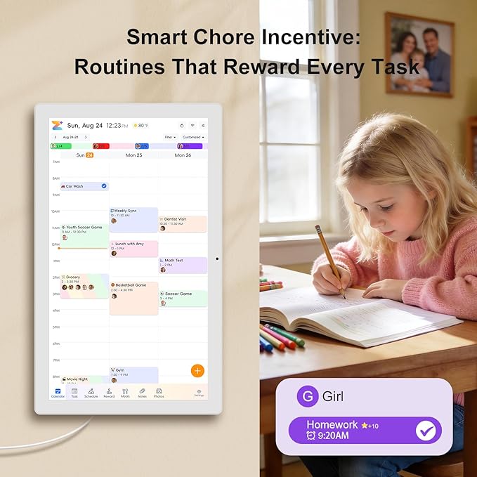 JSUSOU 27 Inch Smart Digital Calendar Touch Screen with Free APP - Family Organizer with Chore Chart, Meal Planner & Rewards System, Interactive Display, in Portrait/Landscape, White