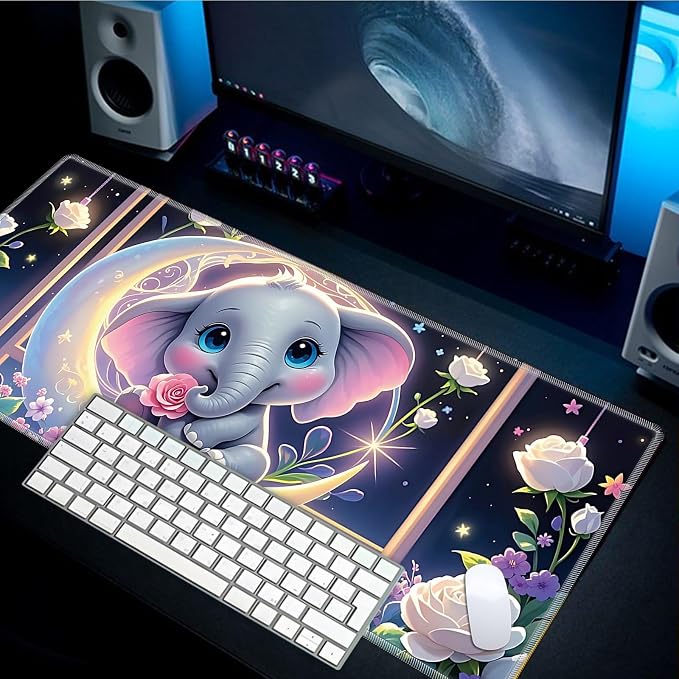 Mouse Pad Gaming Mousepad 31.5x11.8 Inch XXL Large + Coasters,Desk Mat with Stitched Edges, Non-Slip Rubber Base, Thick Mouse Pad for Computer, Laptop, Office & Home - Cute Elephant Moon