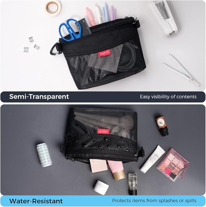 pack all Double-Layered Water-Resistant Zipper Pouch, Mesh Zipper Bags for Storage, Travel, Office & Home Organization (Black, Small)