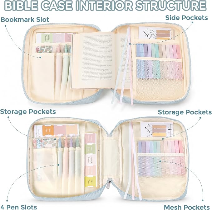XKDOUS Bible Cover Case for Women, Large Bible Cover with Durable Handle, Washable Quilted Bible Case, Bible Study Supplies & Christian Gifts for Mom, Women, Men (Light Blue)