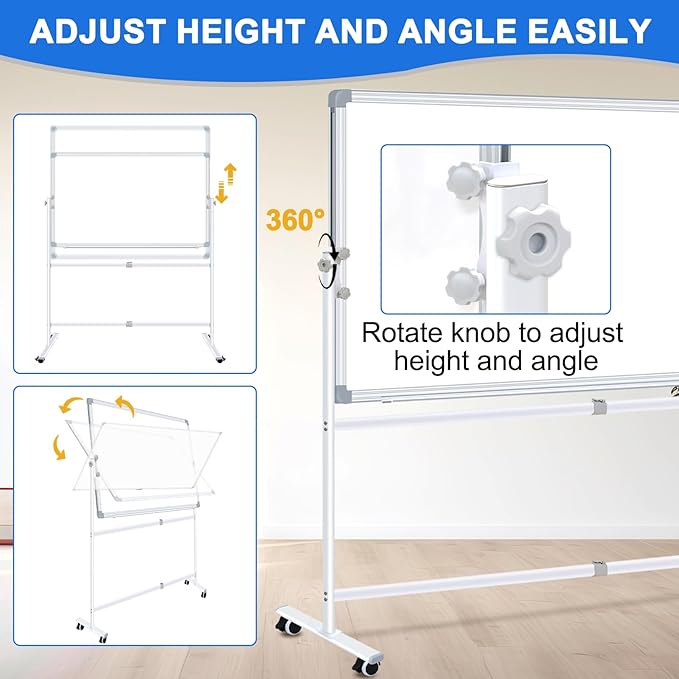 Max-officoo Double-Sided Whiteboard and Corkboard with Rolling Stand 36"x24" Mobile Magnetic Dry Erase Board on Wheels, Adjustable Height & Angle Standing Boards for Office, School, Home