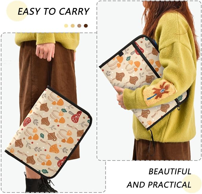 Mushroom Pattern Design Expanding File Folder with Sticky Labels, 13 Pockets Accordion File Folder Document Organizer Expandable Zip File Folder with Zipper Closure