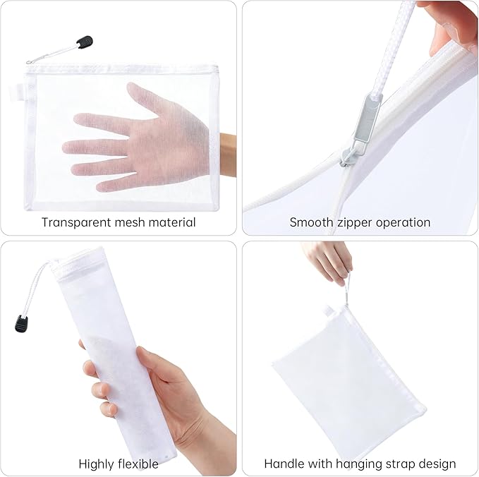 4 Sizes Mesh Pouch, Nylon Mesh Bags With Zipper, Waterproof Clear Purse Organizer Pouches for Travel, Multipurpose Cosmetic Pouch for Office School Puzzles Home Organization - White