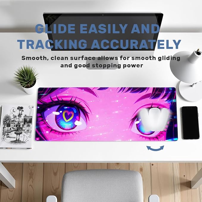 Anime Girl Desk Mat 35.4 x 15.7 Inches Kawaii Heart Eyes Neon Gaming Mouse Pad with Non-Slip Rubber Base, Smooth Cloth Surface Desk Keyboard Mat for Computer, PC, Laptop, Desktop