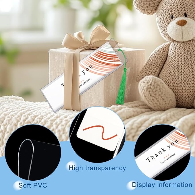 50 Pieces Bookmark Sleeves with 50 Pieces Bookmarks Tassels 7.2×2.3 Inches Plastic Bookmark Sleeves for Bookmarks Photos Markers