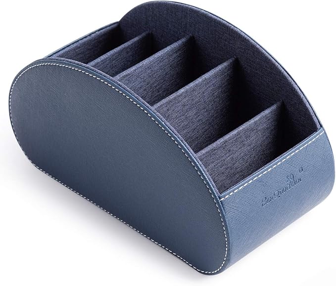 BONNY DODO Remote Control Holders Organizer Box with 5 Compartment PU Leather Multi-functional Office Desk Storage Caddy Store (Blue)
