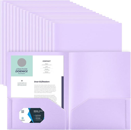Gueevin 100 Pack Plastic Folder with Pockets, 2 Pocket Folders, Plastic Glossy Folders Fit Letter Size Paper, Heavy Duty Durable File Folder with Business Card for Home Office School (Light Purple)