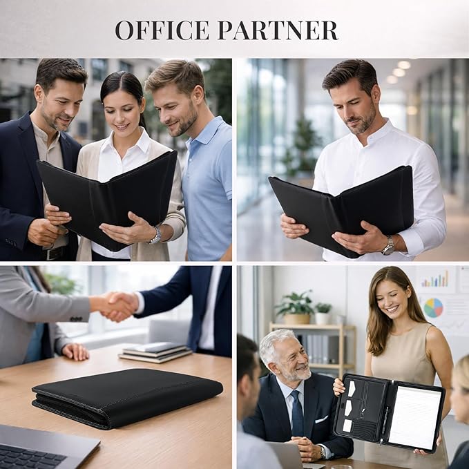 Padfolio Portfolio Organizer Binder,Faux Leather Interview Resume Folder,Letter Size A4 Legal Writing Pad Holder for Business School Office Conference Notepad Clip Boards （Black）