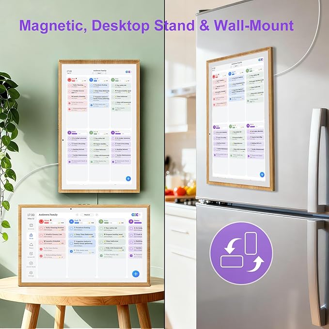 JSUSOU Magnetic Fridge Digital Smart Calendar 15.6" with FREE APP, Auto Sync Electronic Planner for Desk & Wall Touch Screen, Magnetic Refrigerator Mounted, Gifts for Mom Women Her, Teak Wood Grain
