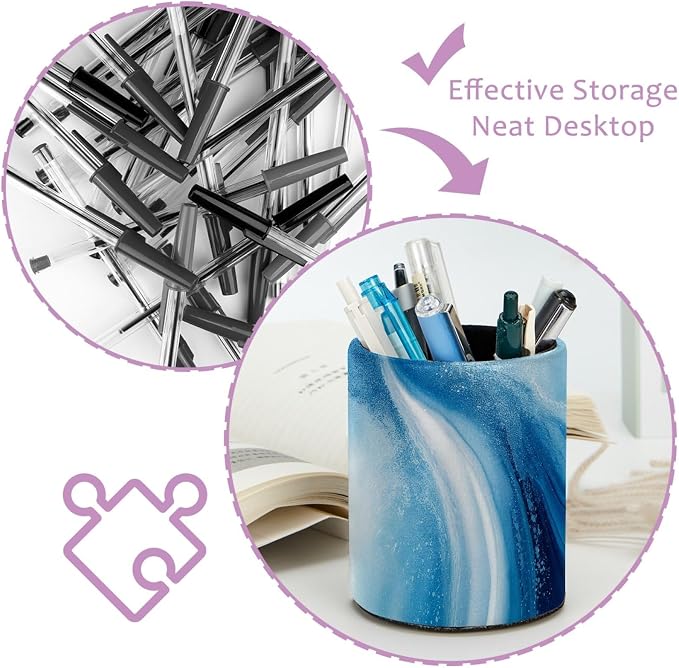 Leather Pen Holder for Desk, Blue Marble Makeup Brushes Holder Pencil Cup Multifunctional Desktop Organizer Caddy for Home School Office Desk Accessories