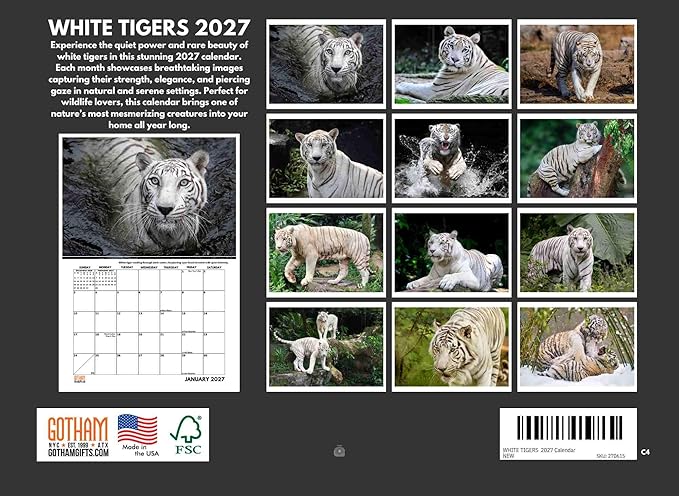 White Tiger Calendar 2027 Monthly Wall Calender 12 Month
