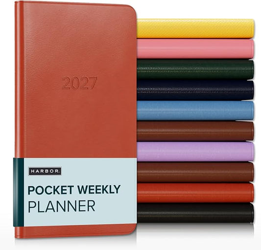Harbor Pocket Weekly Monthly Planner 2027, Calendar Planner and Notebook, Durable Faux Leather, 192 Pages, Softcover & Book Bound - Cambridge Burnt Orange - 6x3.25"