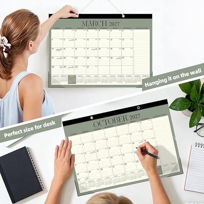 ZTX Desk Calendar 2026-2027,18 Months Calendar from July 2026 to December 2027,17" x 12" Big Calendars 2026-2027 Monthly Planner with Plastic Cover for Teacher Home Desk Top Green