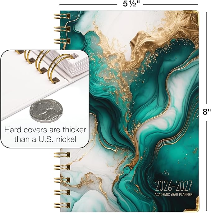 HARDCOVER Academic Year 2026-2027 Planner: 14 Months (May 2026 Through June 2027) 5.5"x 8" Daily Weekly Monthly Planner Yearly Agenda. Bookmark, Pocket Folder and Sticky Note Set (Teal Gold Marble)