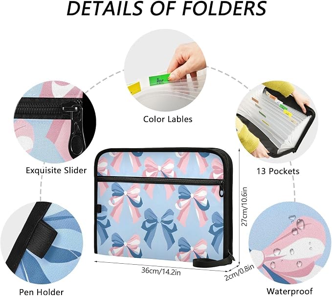 Expanding File Folder Pink Bow Blue Pattern Accordion File Organizer 13 Pockets Document Organizer with Zipper Labels A4 Letter Office Storage