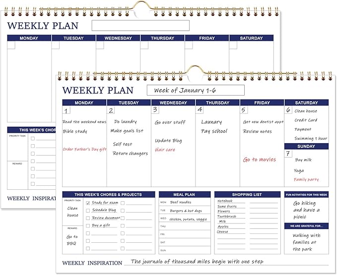 (2-Pack) Large Weekly Planner - 17" x 12" Spiral Weekly Calendar, 52 Weekly Goals Schedule Planner for Planning and Organizing Family Activities, Meal Tracker, Undated