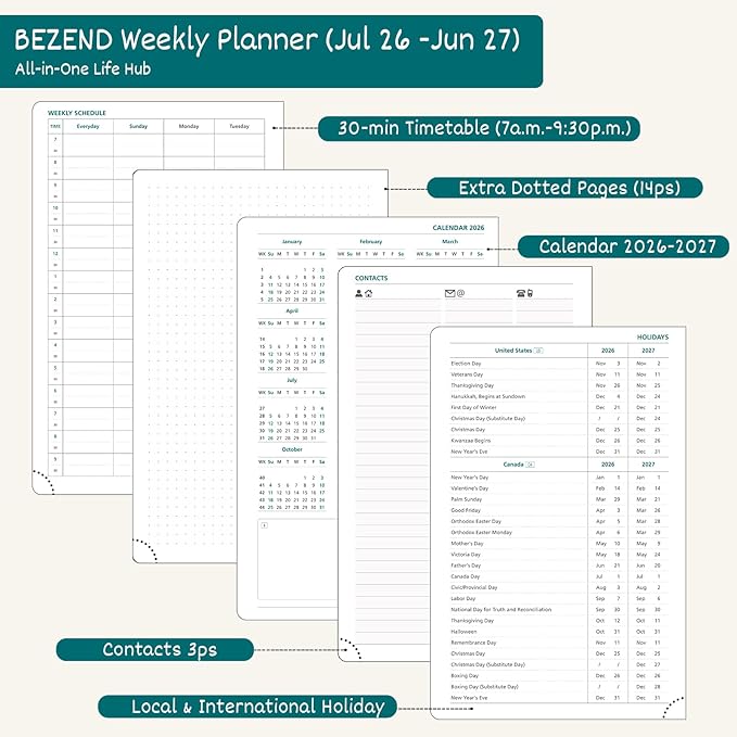BEZEND Weekly Planner 2026 2027 Dot‑Grid Journal in One (5.5" x 8.5") 12 Month Academic Calendar with Tabs (Jul.26-Jun.27) for Student/School, 100gsm Thick Paper, PU Leather Hardcover - Teal