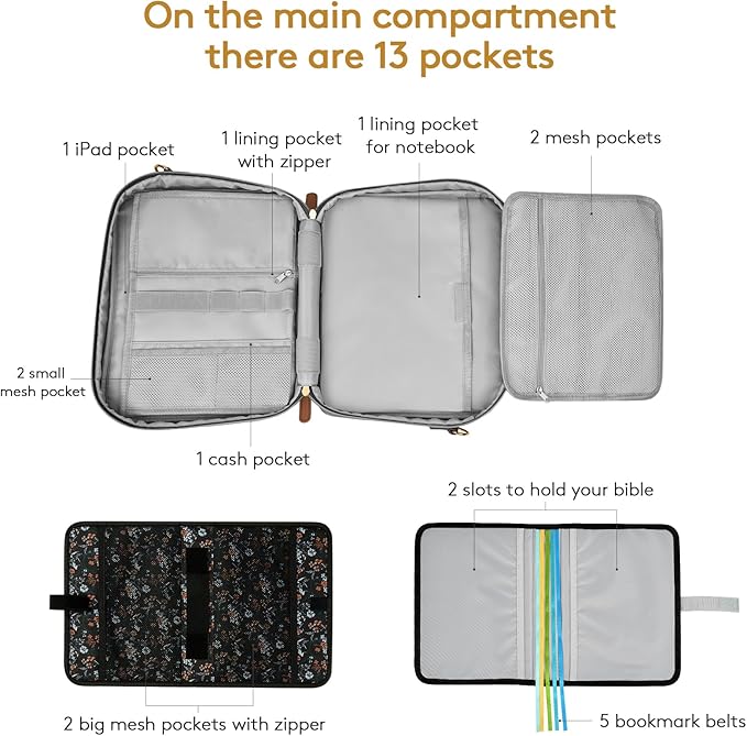 Derstuewe Bible Cover, Bible Cover Case for Women – Stylish & Durable Zippered Bible Bag with Handle & Pocket, Fits Standard & Large Bibles, Perfect for Church, Travel, Study & Gifts, Black Flower