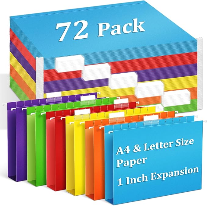 V-Opitos 72 Pack 1 Inch Expansion Hanging File Folders, Letter Size Hanging Folders with 1/5-Cut Adjustable Tab, Extra Capacity Hanging File Folders, Ideal School Classroom, Office Supplies