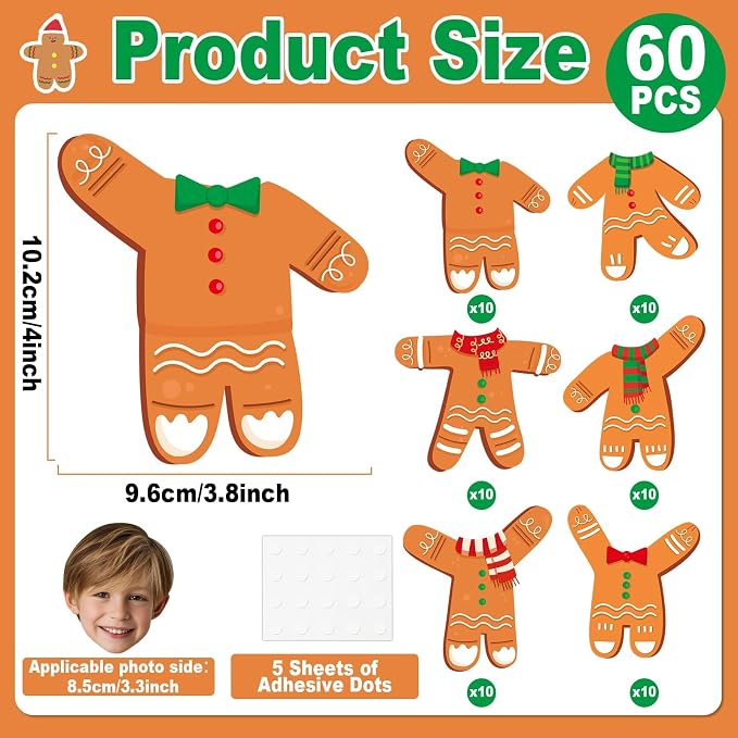 60Pcs Christmas Gingerbread Cutouts Christmas Bulletin Board Decoration Gingerbread Man DIY Photo Craft Cutouts Xmas Classroom Supplies for Teacher Student Winter Holiday Party School Home Wall Decor