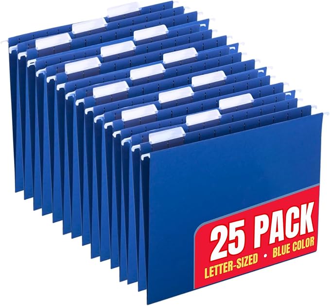 1InTheOffice Blue Hanging File Folders, Hanging File Folders with Tabs, Adjustable Tabs, Letter Size, 25 Pack