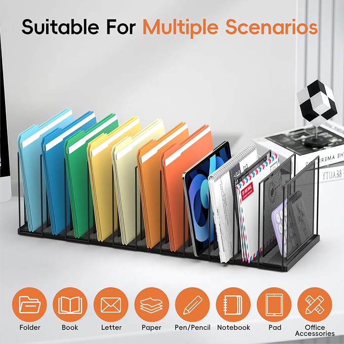 Desk File Organizer, 11 Section Vertical Metal File Organizer for Desk, Desktop File Organizer Stand, Paper Folder Organizer for Office Home Classroom Storage (Black, 11 Section)