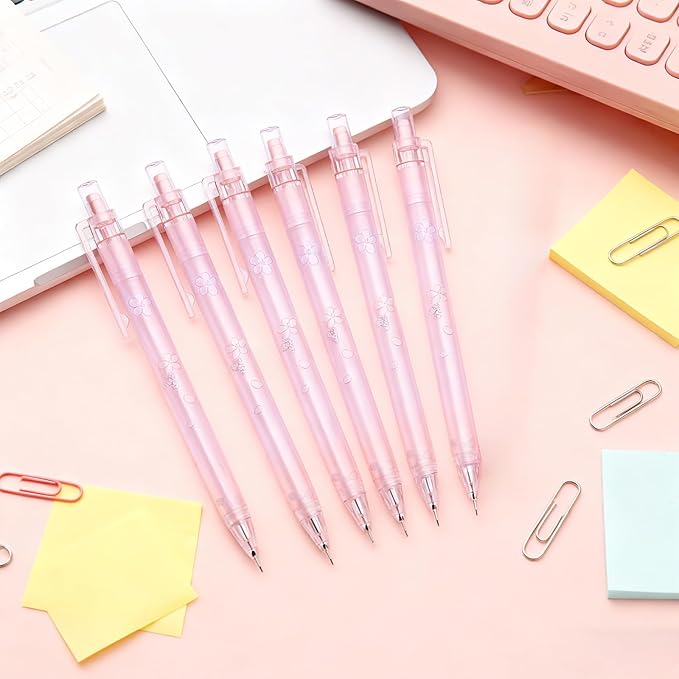 6Pcs Coquette Pink Cherry Blossom Mechanical Pencils Cute 0.5mm&0.7mm Mechanical Pencil Kawaii Pencils School Pencil for Students Women Office School Suppies